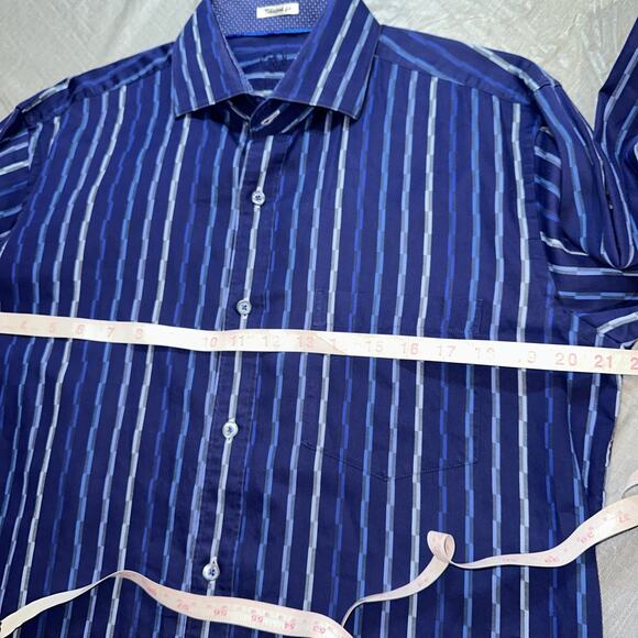 Bugatchi Uomo Men's Dress Shirt Shaped Fit Medium Blue Stripe Pattern - Picture 13 of 16